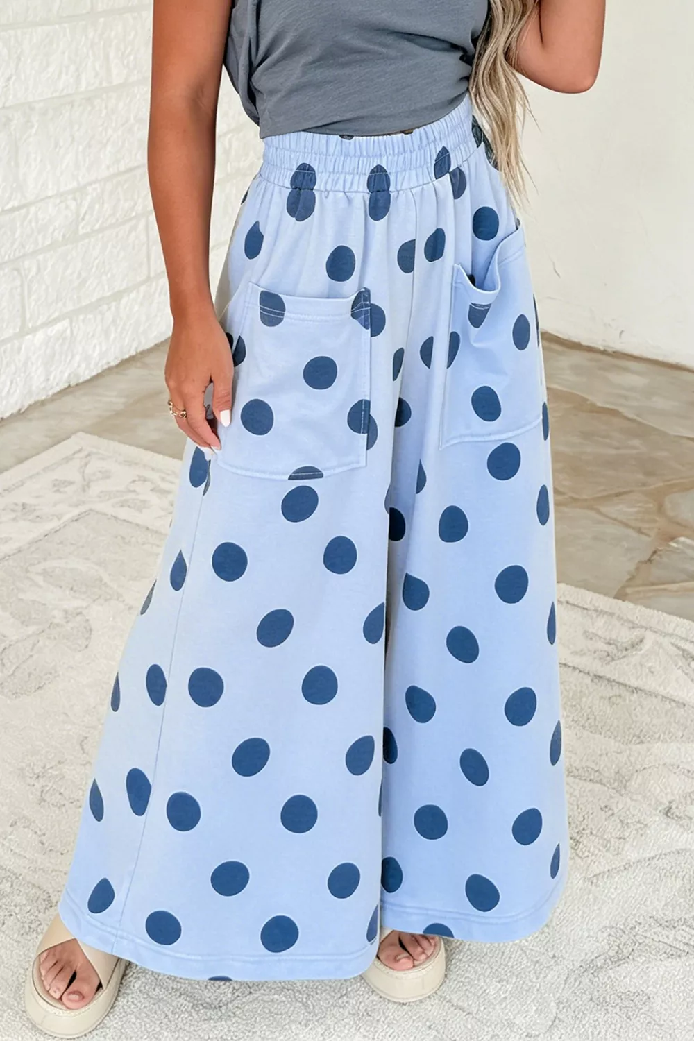 Polka Dot Wide Leg Elastic Waist Casual Pants, image 2