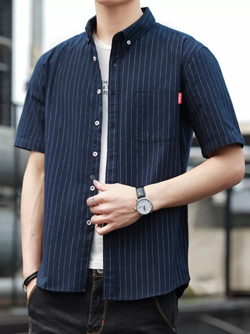 Men's Plus Size Casual Striped Short Sleeve Shirt, image 2
