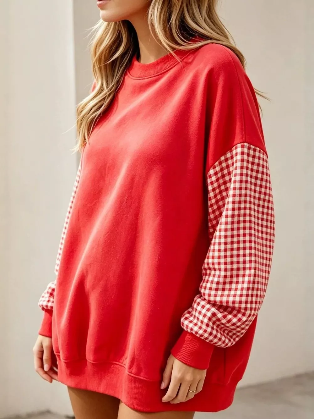 Christmas-Themed Contrast Gingham Long Sleeve Sweatshirt, image 5