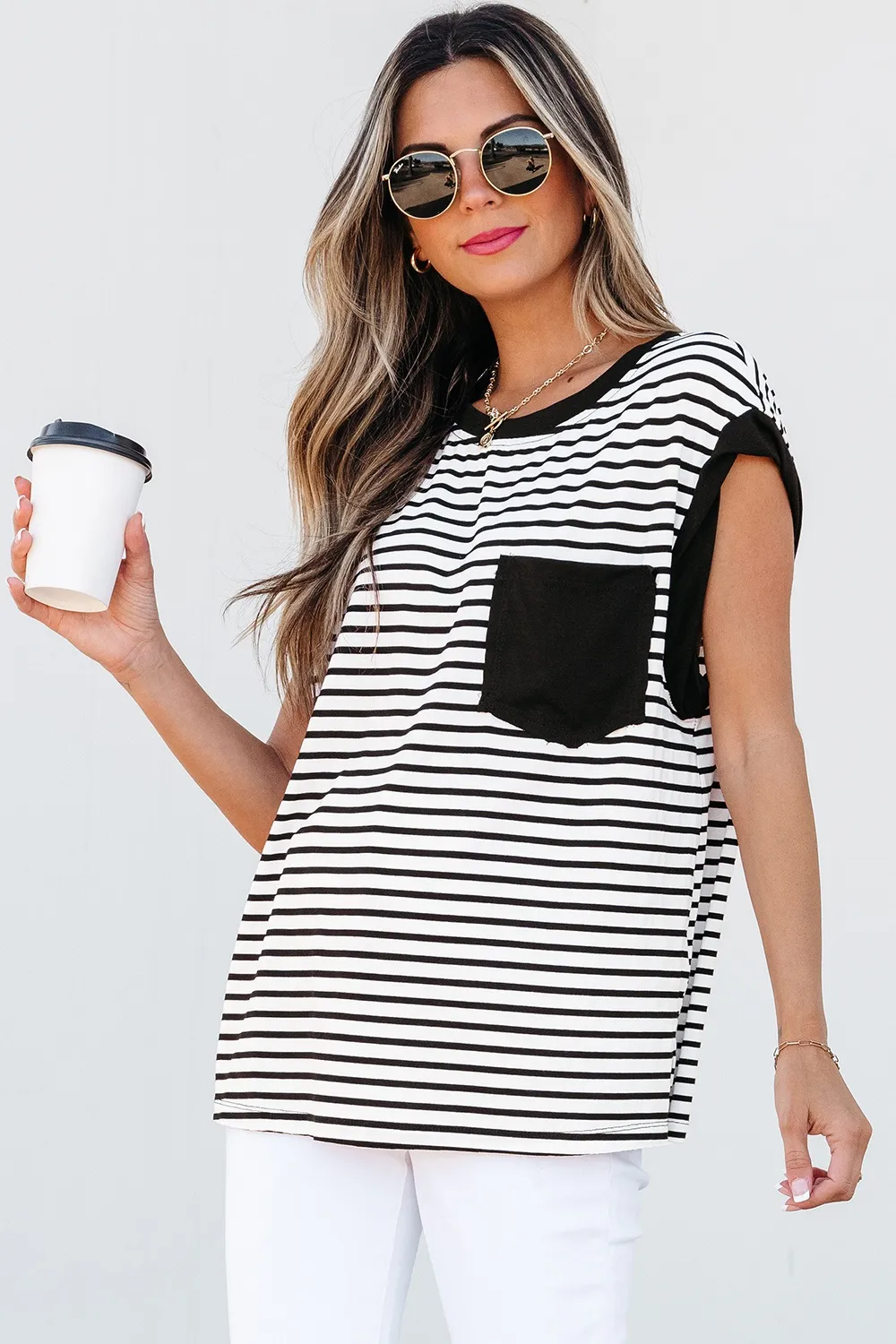 Striped Round Neck Cap Sleeve Top, image 12