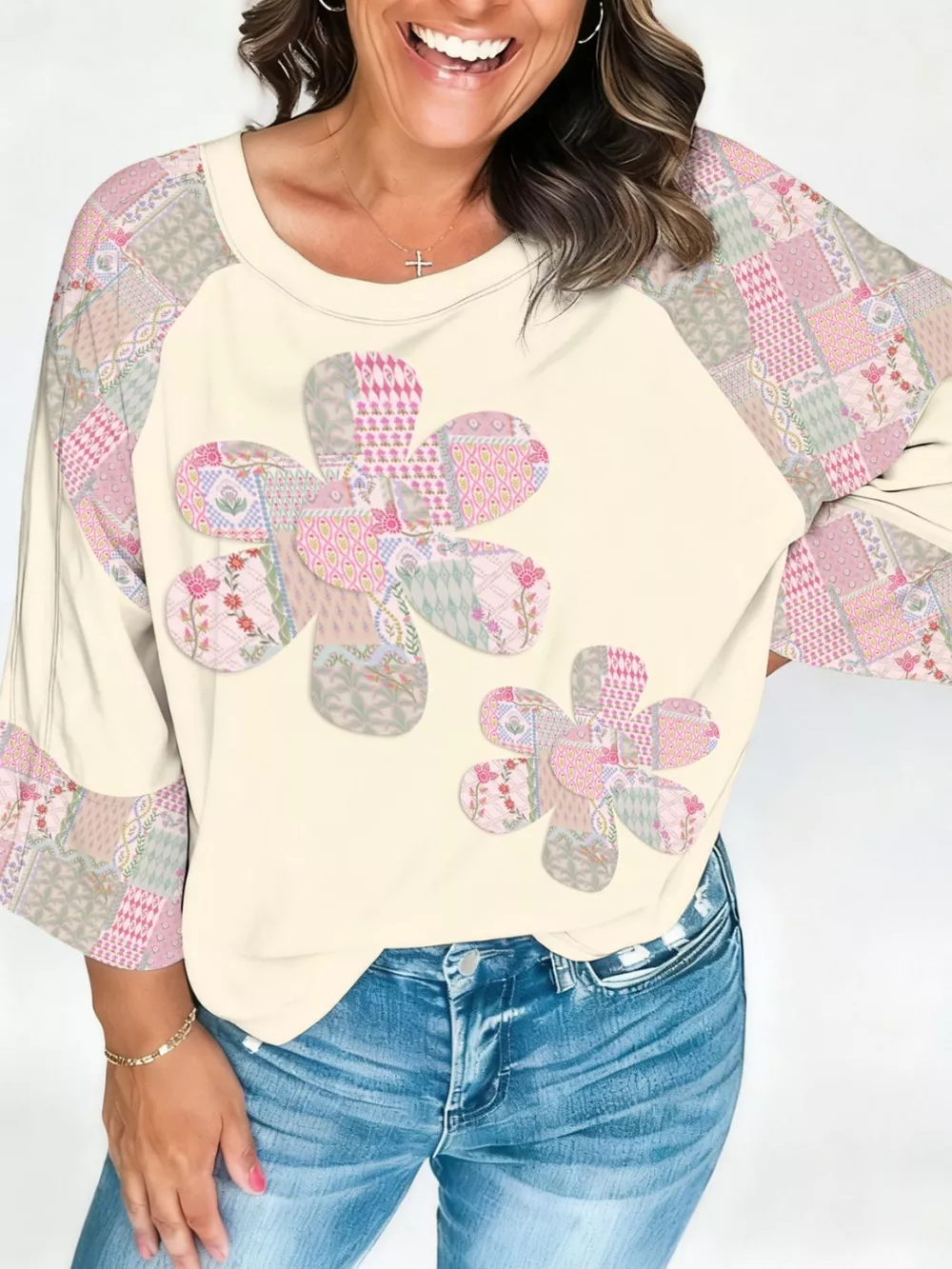 Color Block Retro Floral Patchwork Long Sleeve Top