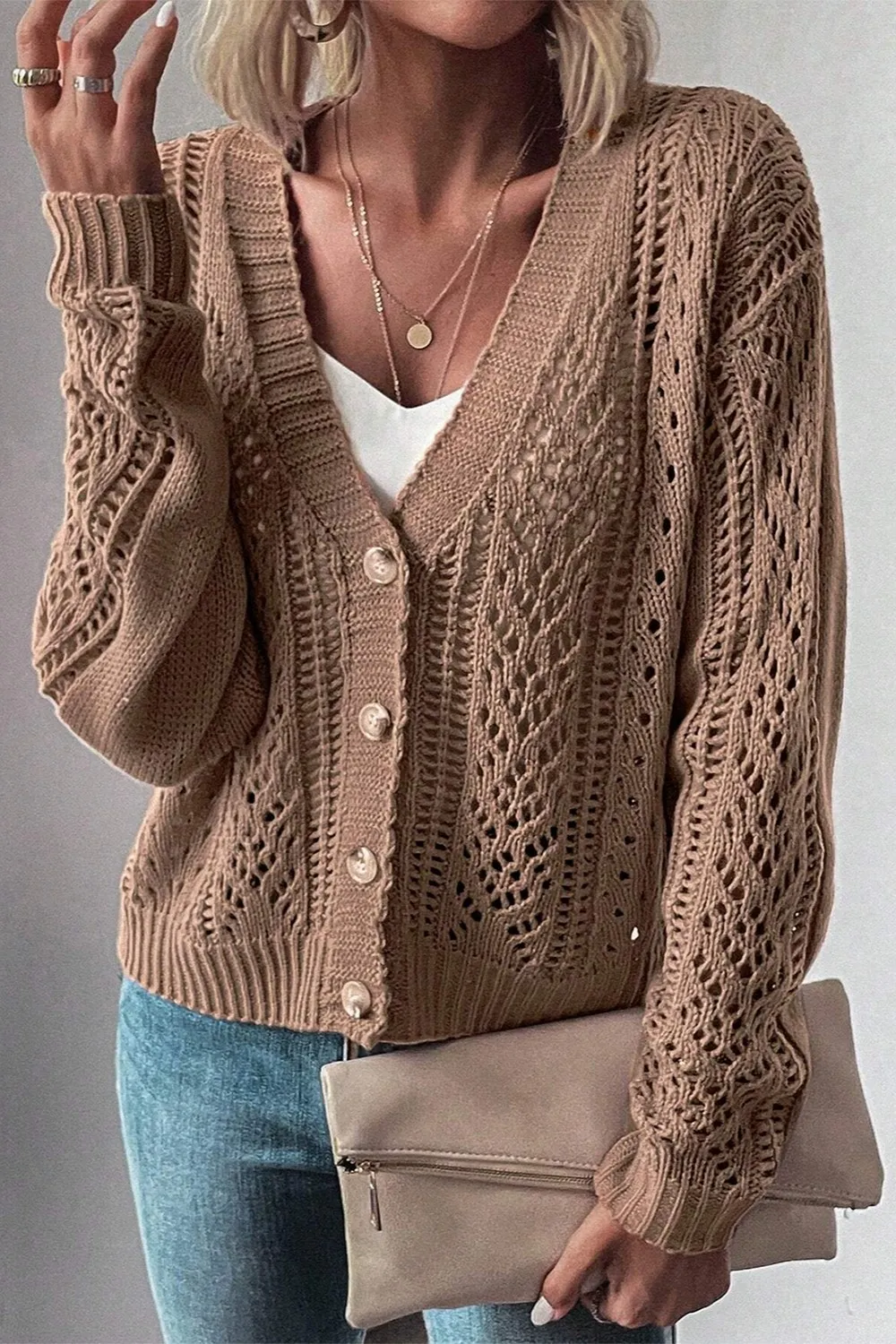 Openwork Button Up Long Sleeve Cardigan, image 10