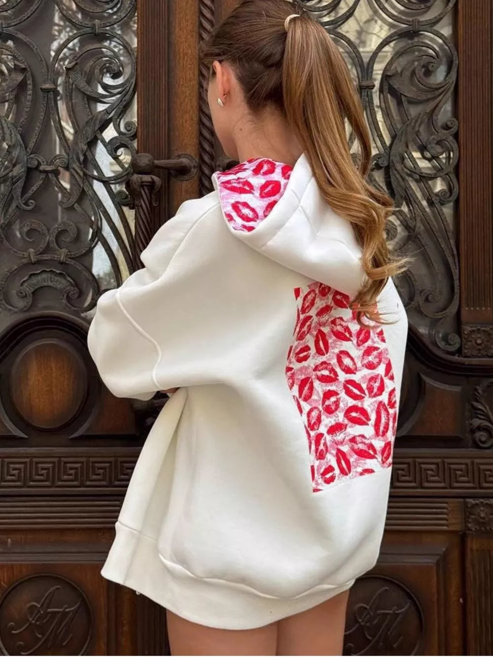 Zip Up Oversized Hoodie with Red Lips Print Detail
