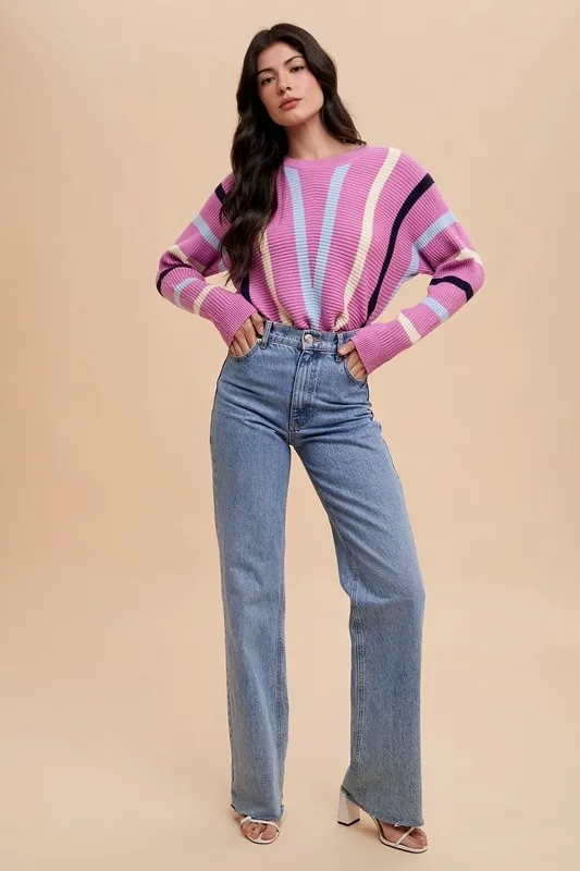 Chevron Stripe Round Neck Ribbed Sweater, image 5