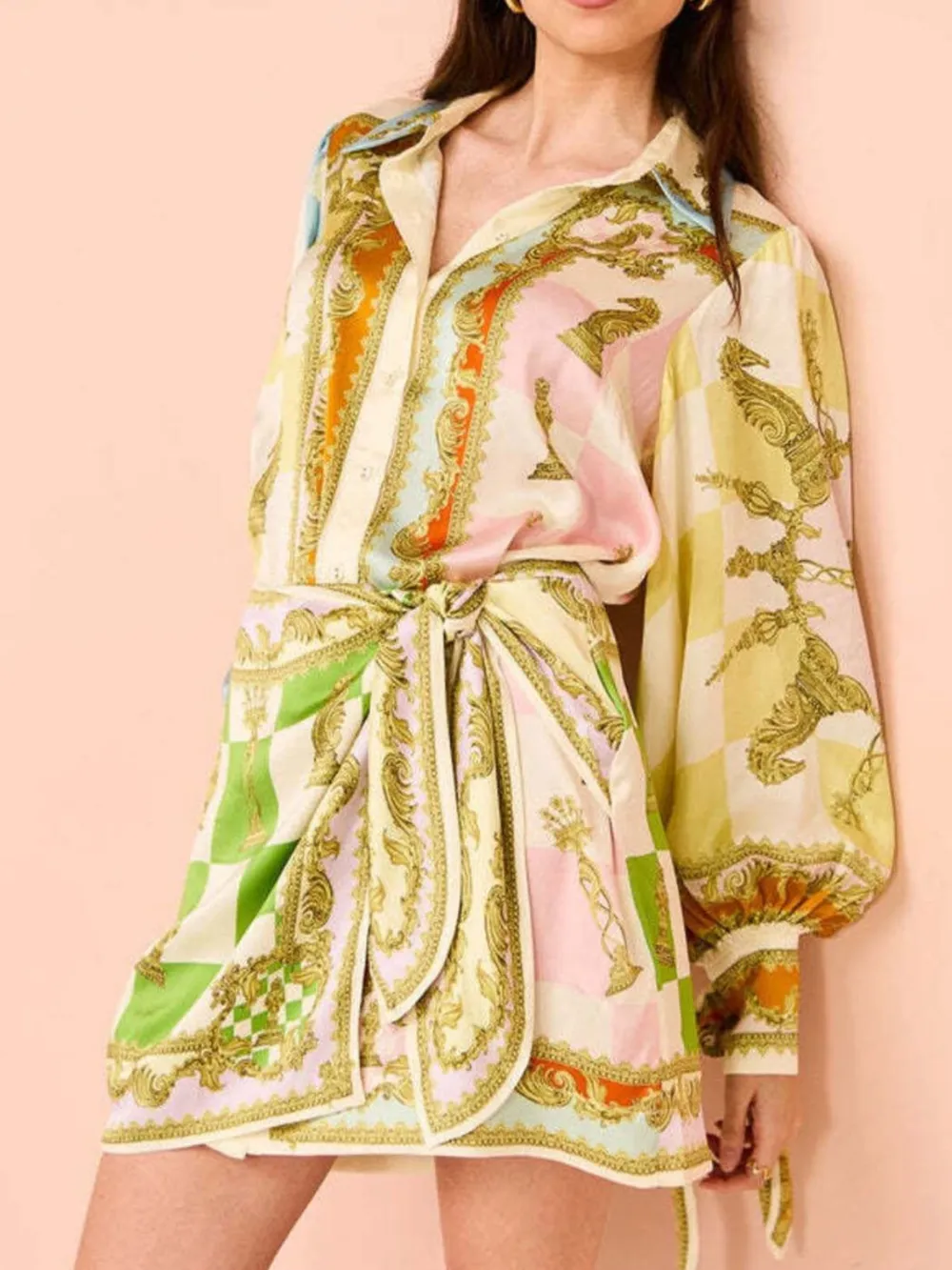 Printed Lantern Sleeve Shirt Dress, image 5