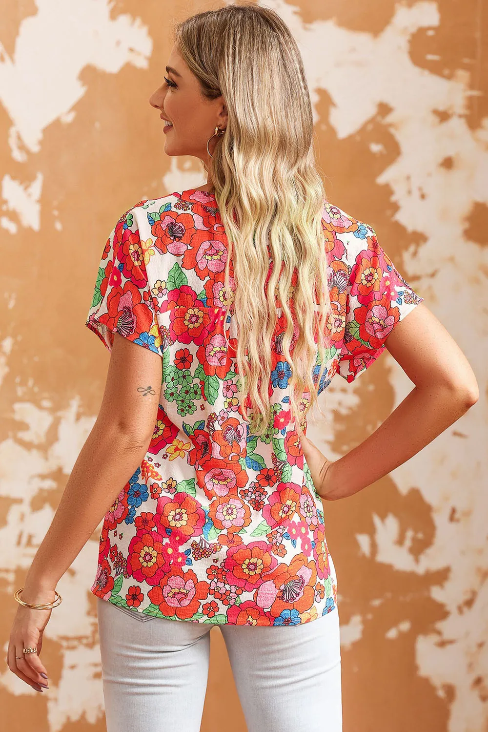 Printed Notched Short Sleeve Blouse, image 3
