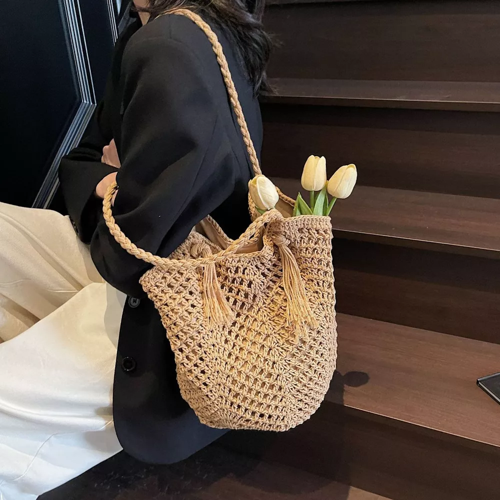 Crochet Shoulder Bag with Tassel Accents, image 2