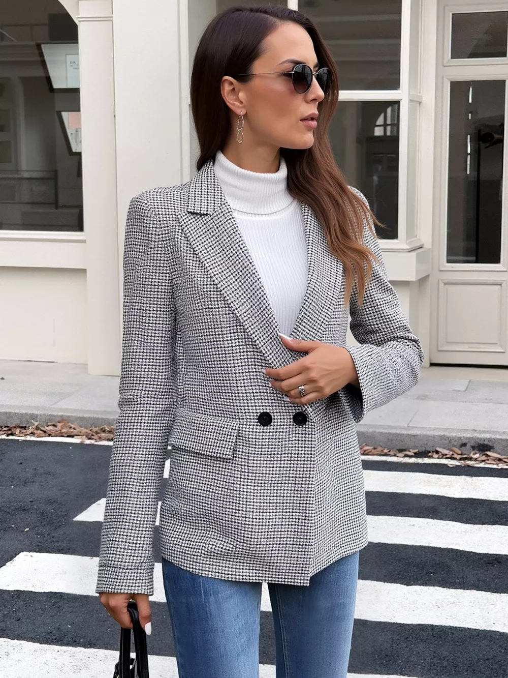Houndstooth Patterned Double-Breasted Blazer, image 3