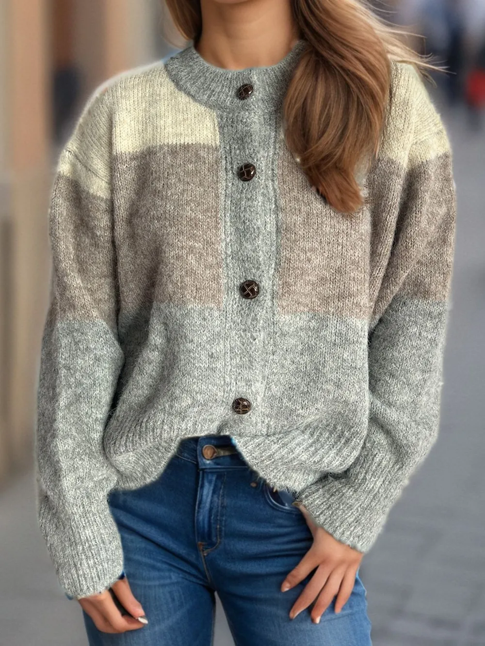 Color Block Round Neck Button Up Cardigan, image 15