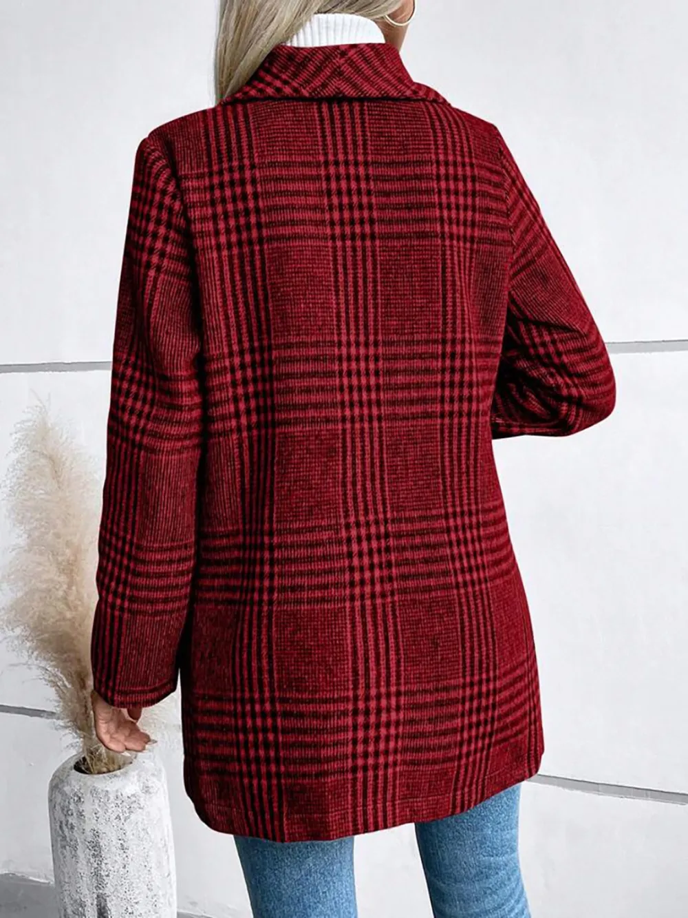 Plaid Collared Neck Long Sleeve Jacket, image 4