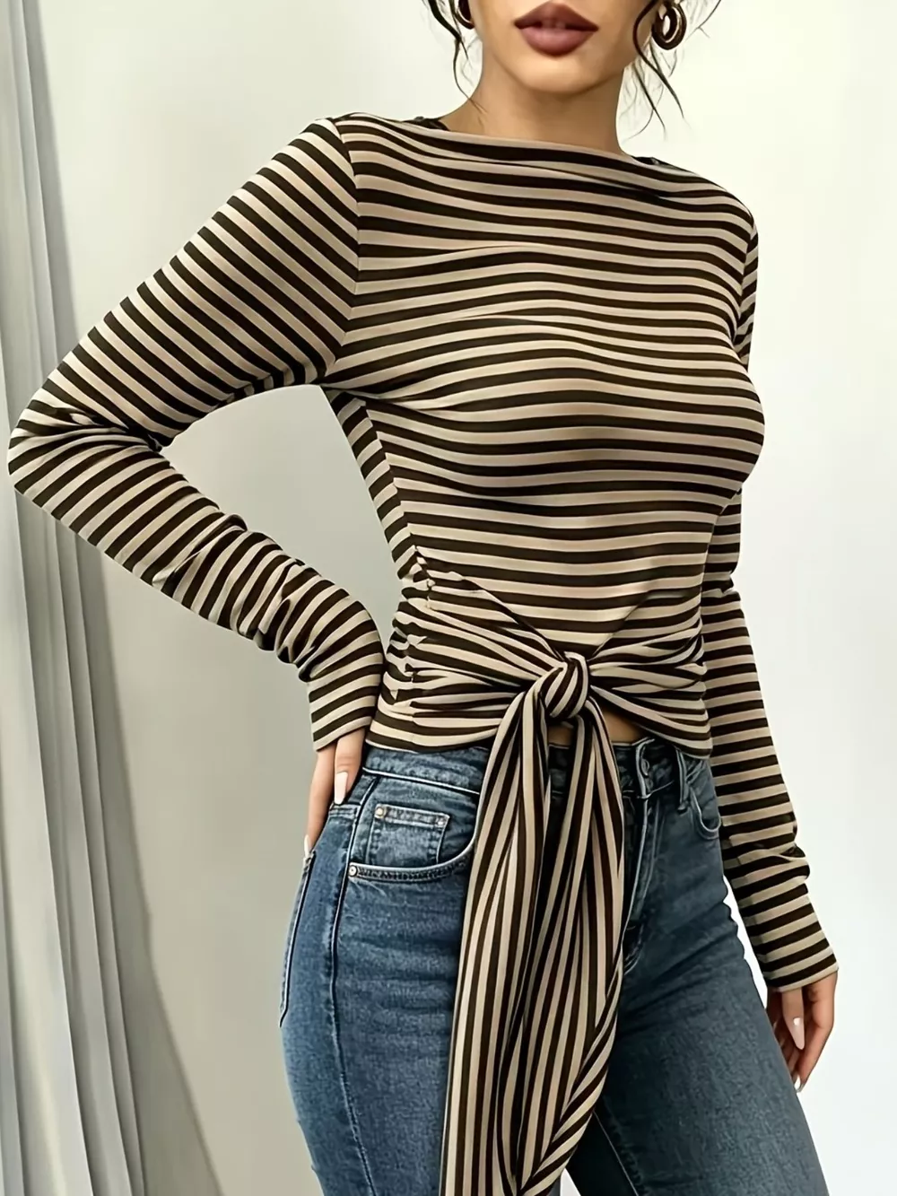 Long Sleeve Striped T-Shirt with Front Tie Detail, image 22