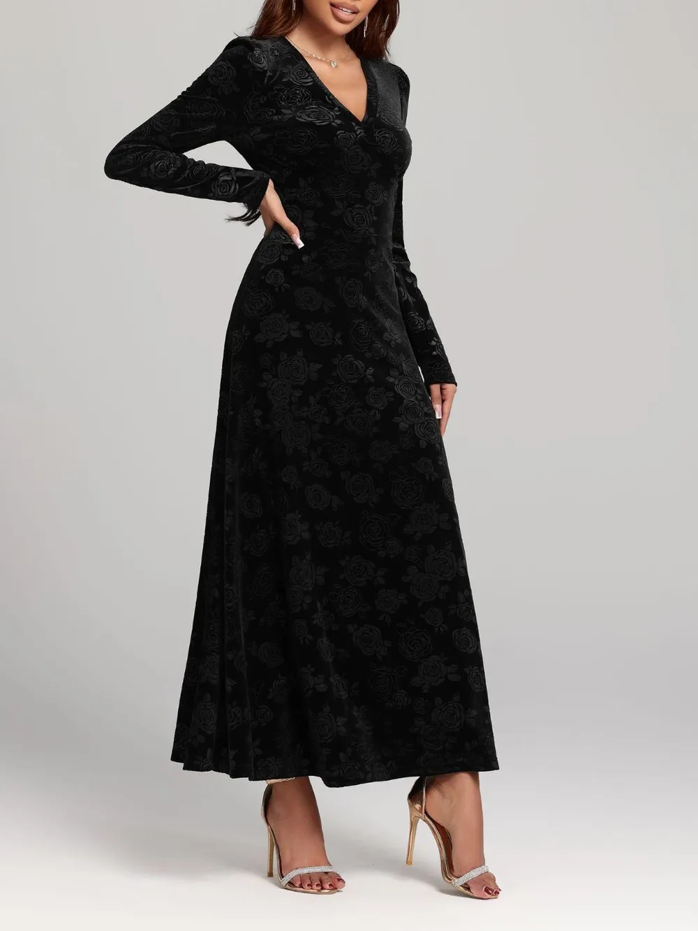 Rose Print V-Neck Long Sleeve Dress, image 4