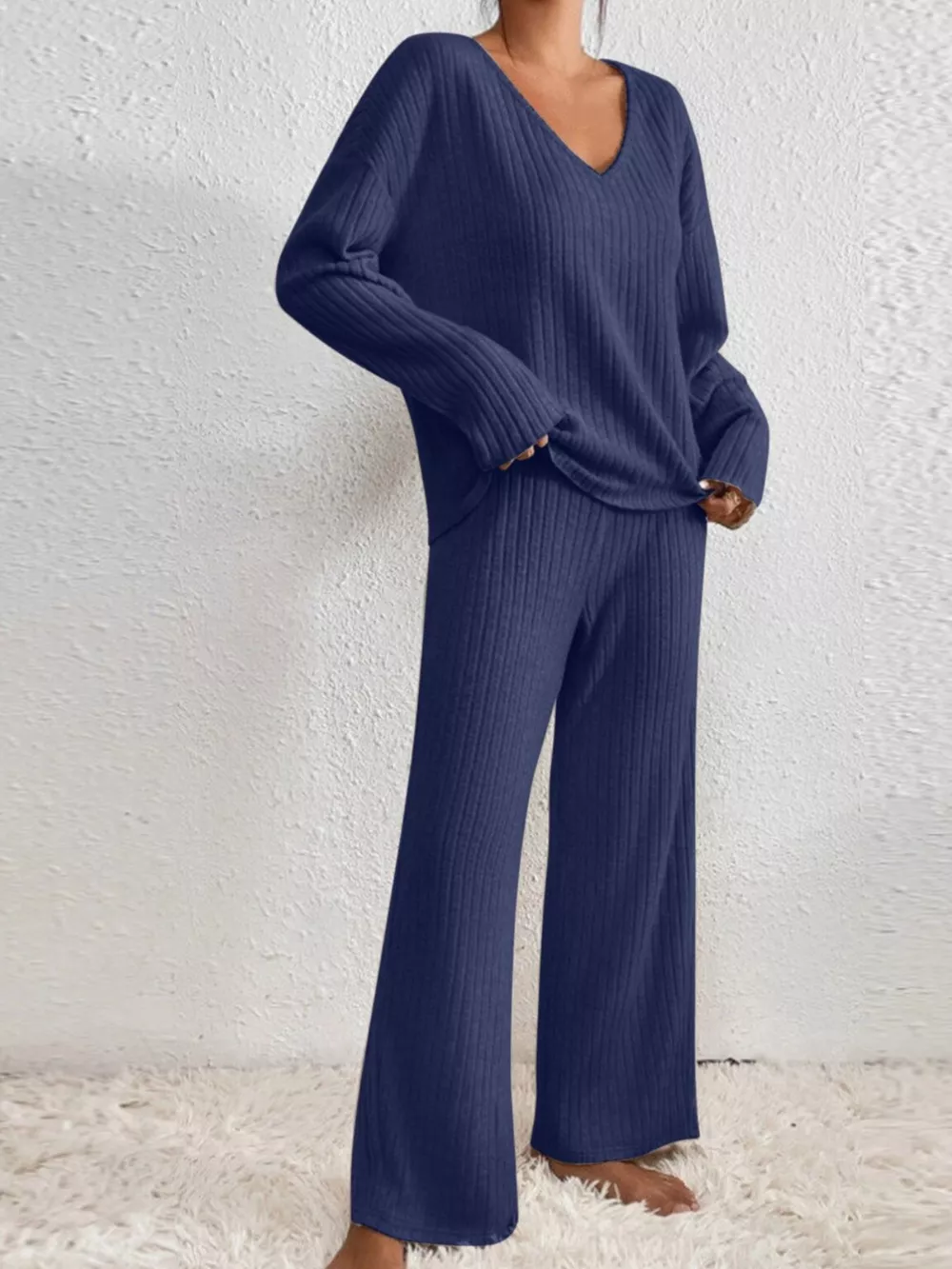 Ribbed V-Neck Top and Pants Set, image 8