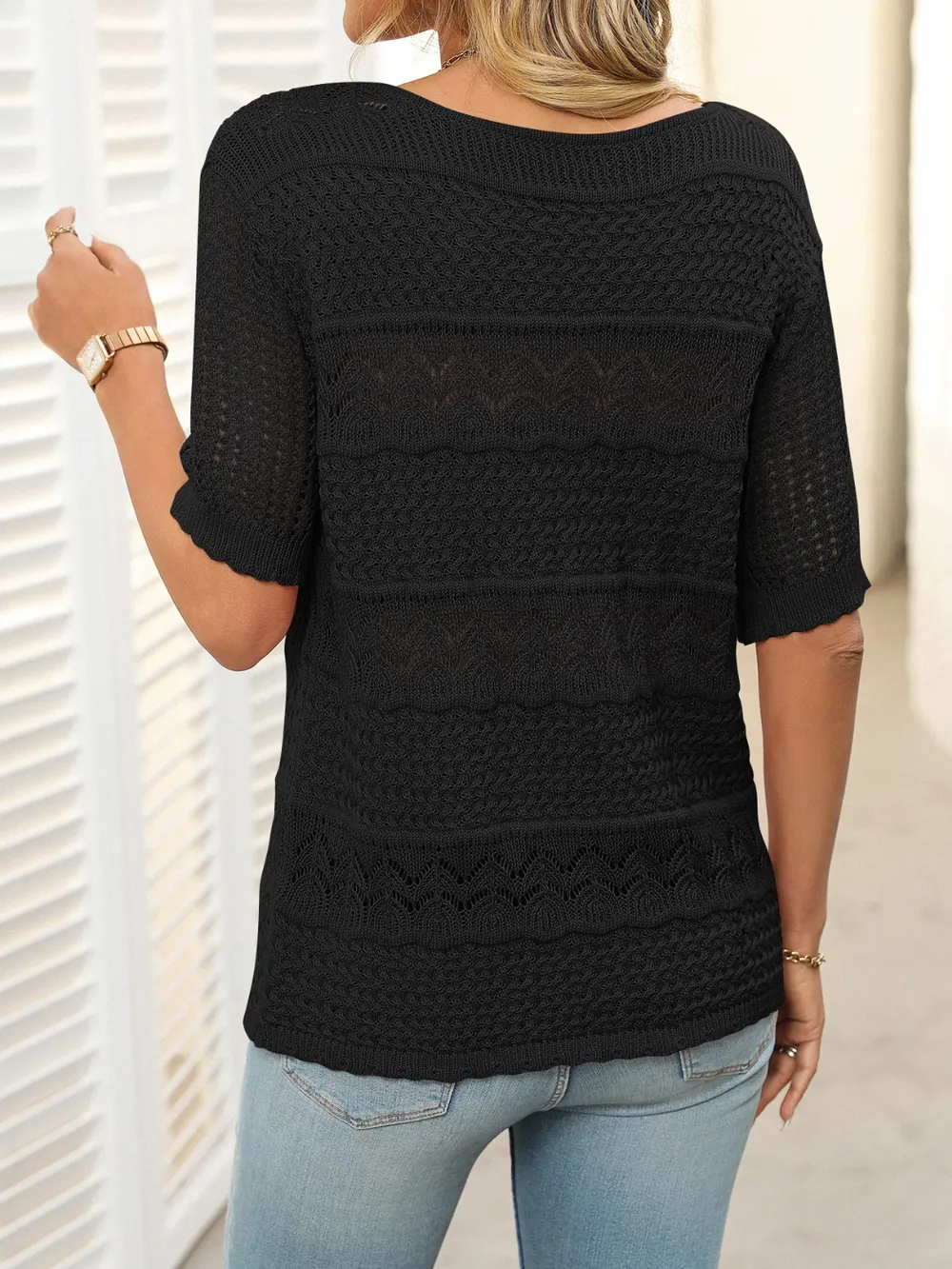 Openwork Round Neck Half Sleeve Knit Top, image 14