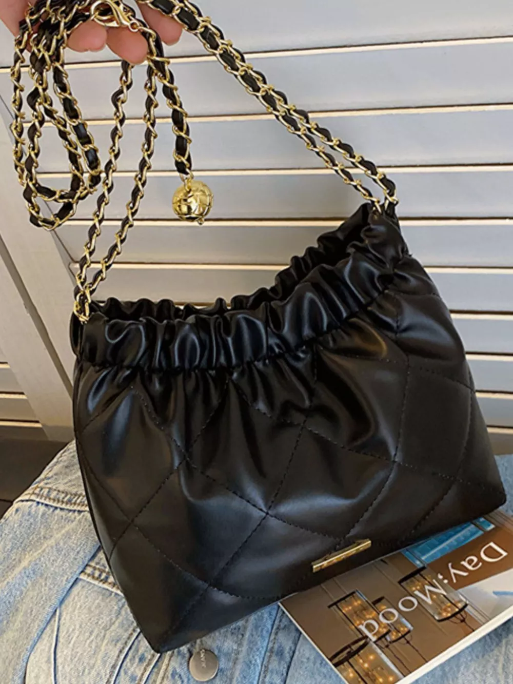 Quilted Ruched Chain Shoulder Bag, image 7