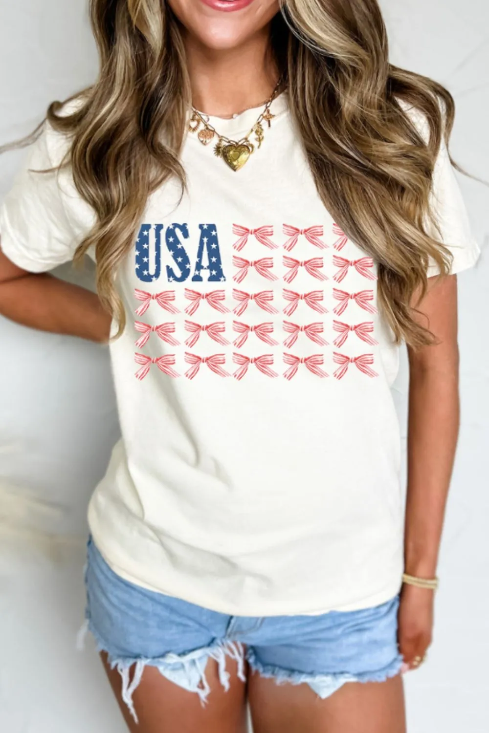 USA Flag Bow Knot Print Round Neck T Shirt, image 3