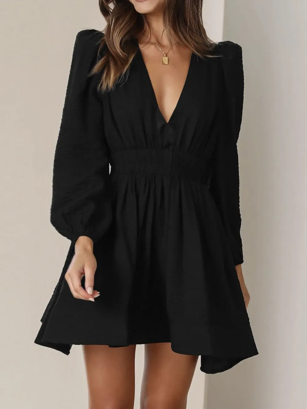 Ruched V-Neck Balloon Sleeve Mini Dress, image 15