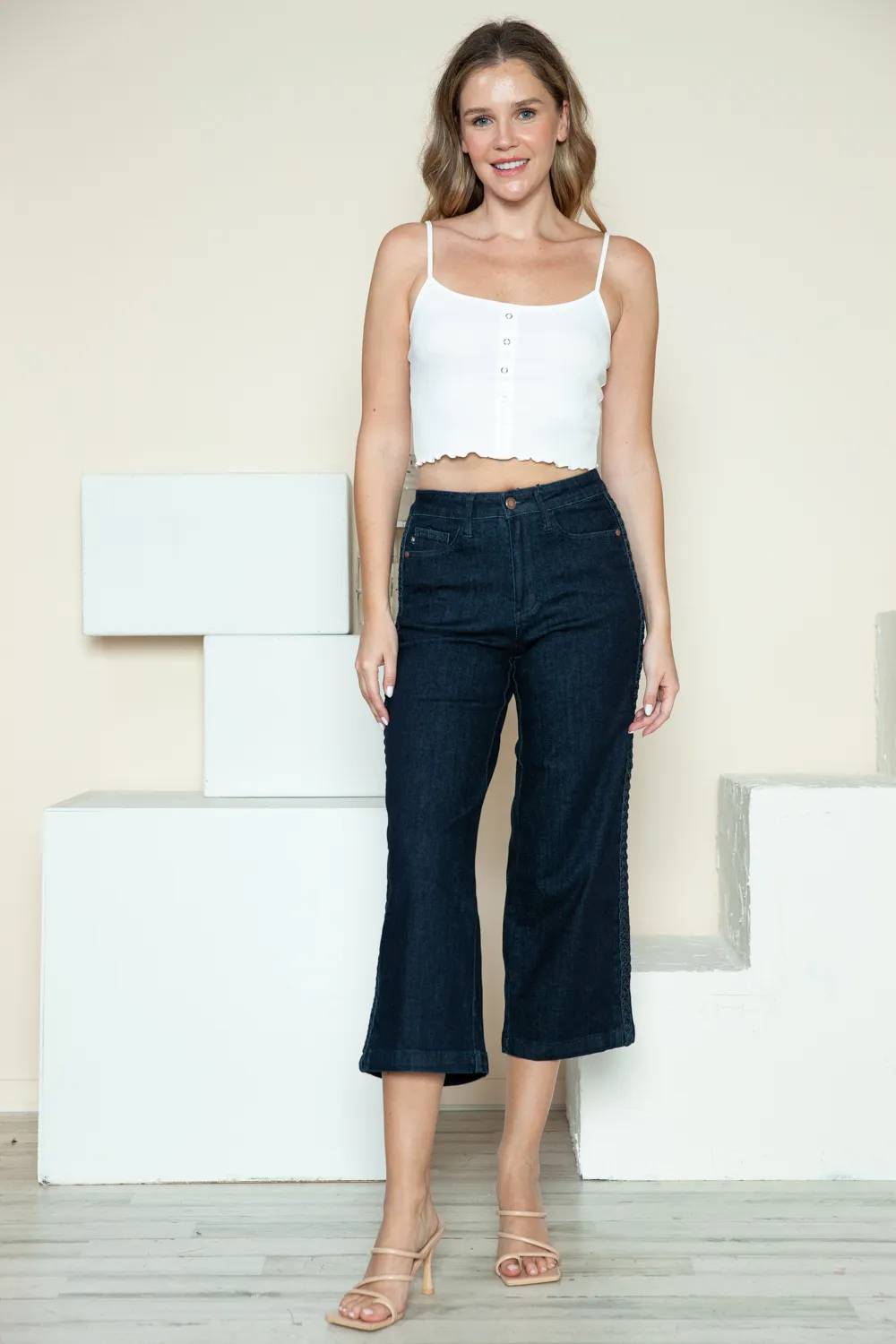 Full Size Side Seam Braid Detail Crop Wide Leg Jeans, image 12