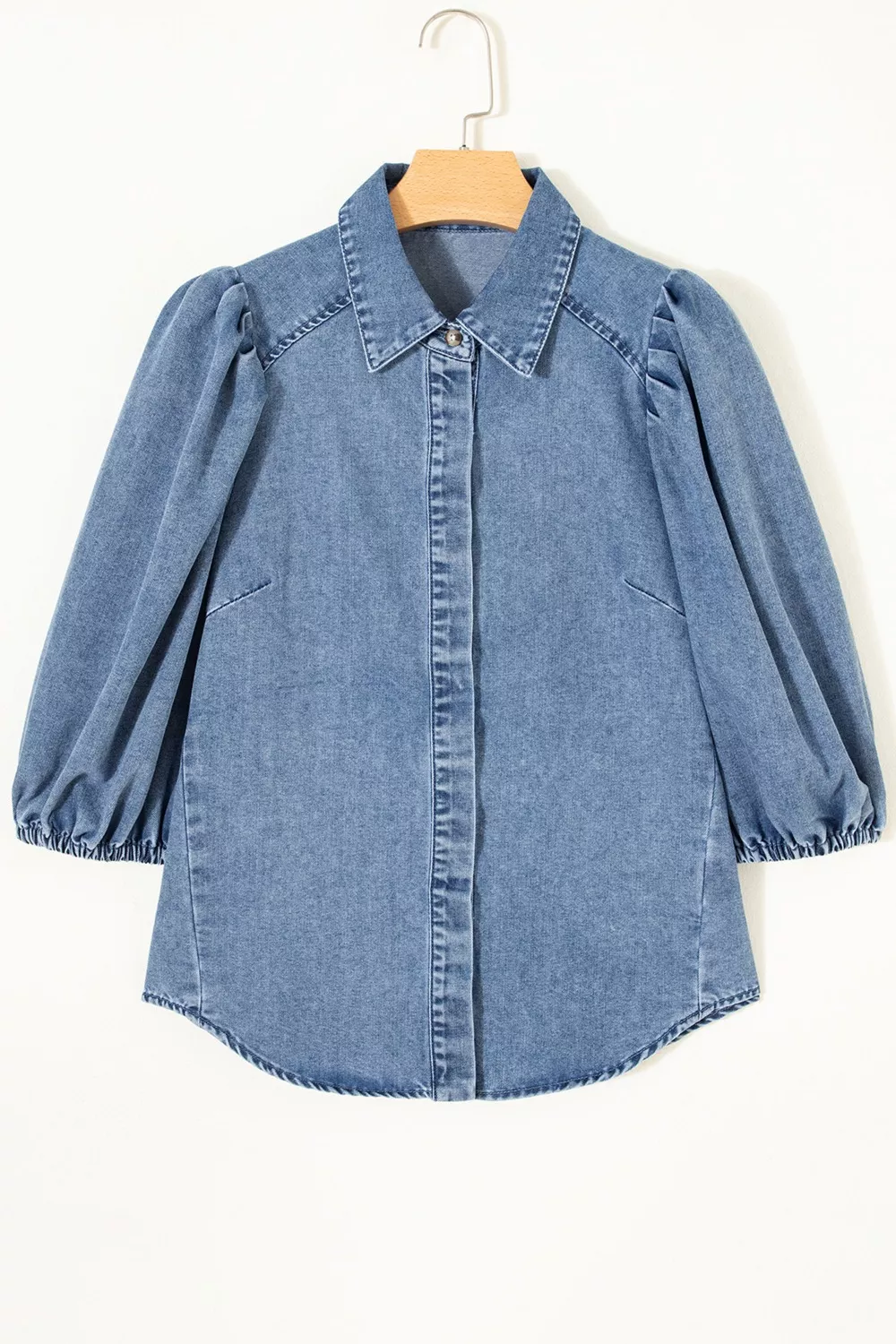 Puff Half Sleeve Collared Denim Shirt, image 4