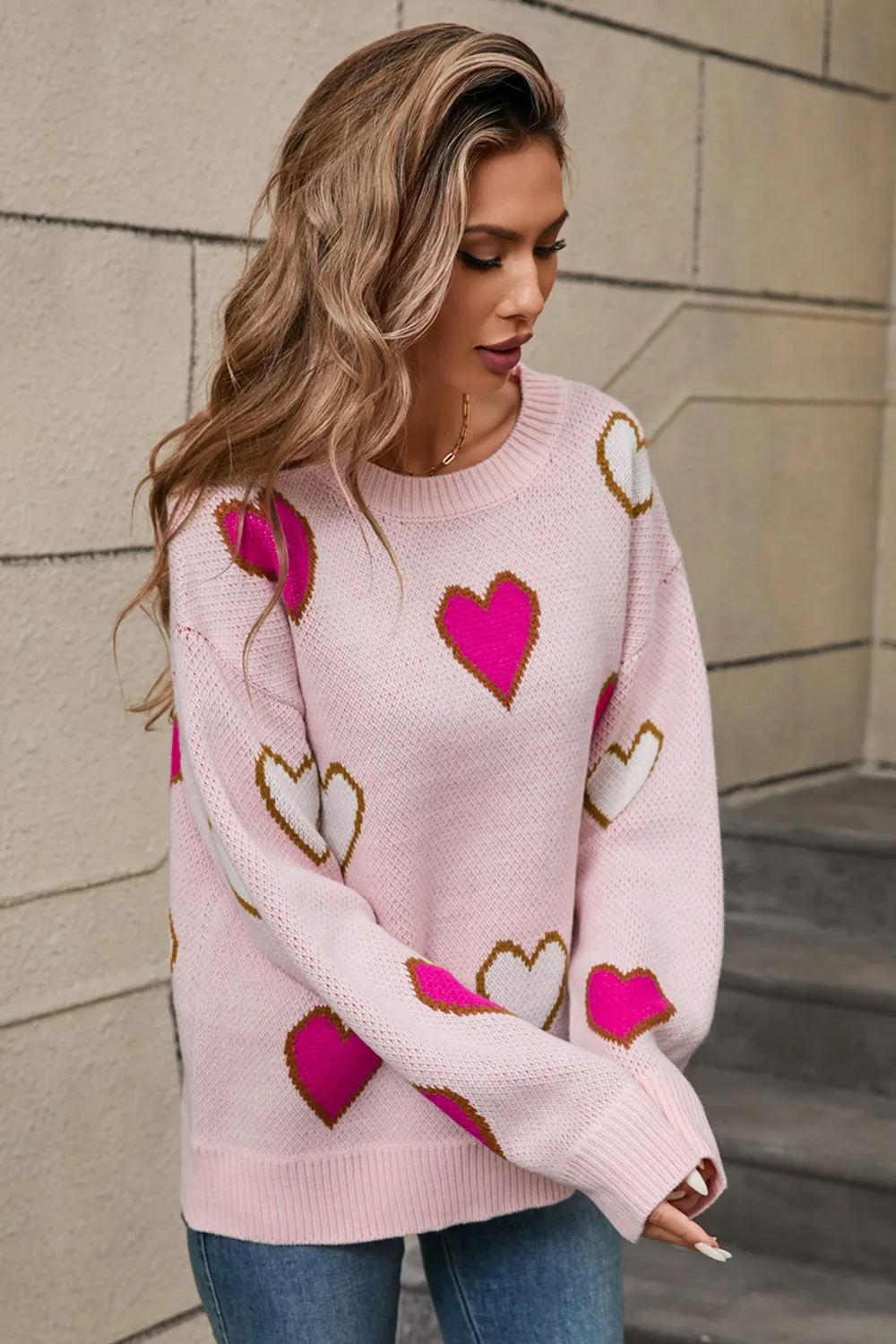 Contrast Heart Round Neck Long Sleeve Sweater, image 3