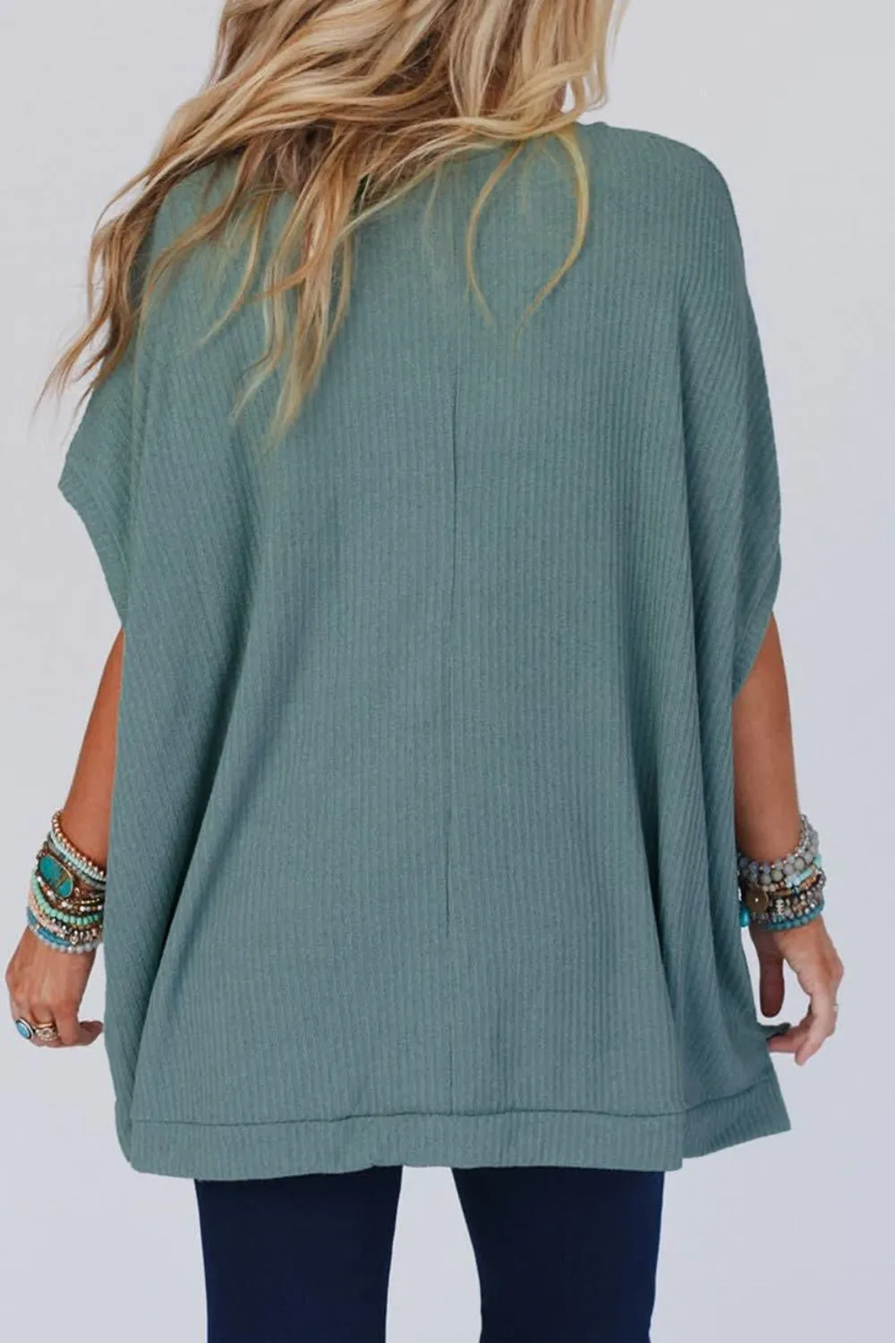 Oversized Ribbed Knit V Neck Dolman Short Sleeve Top, image 4