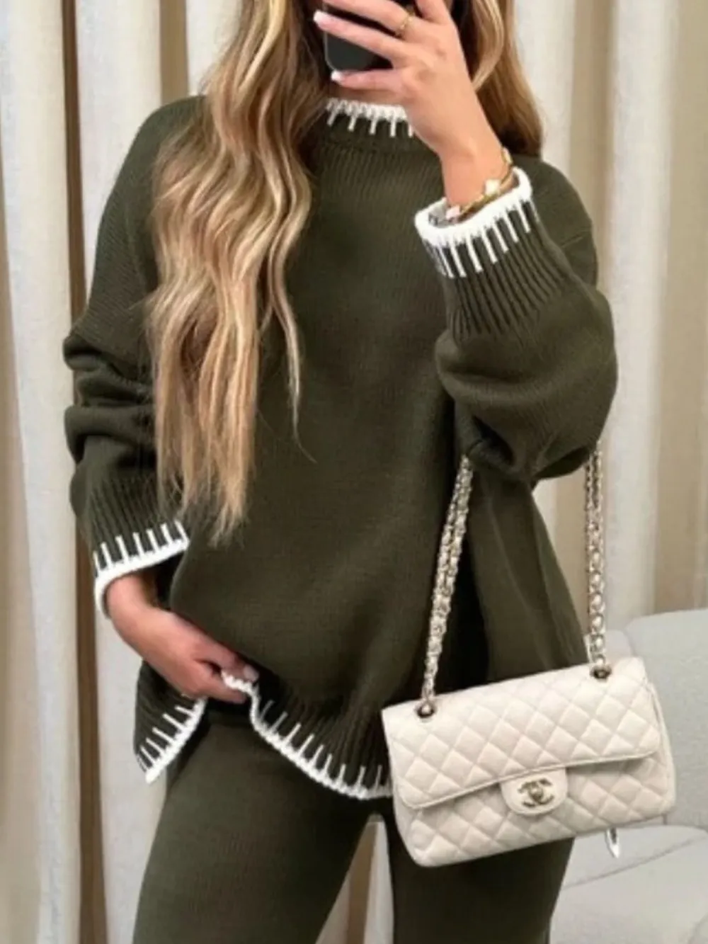 Contrast Trim Round Neck Top and Pants Sweater Set, image 11
