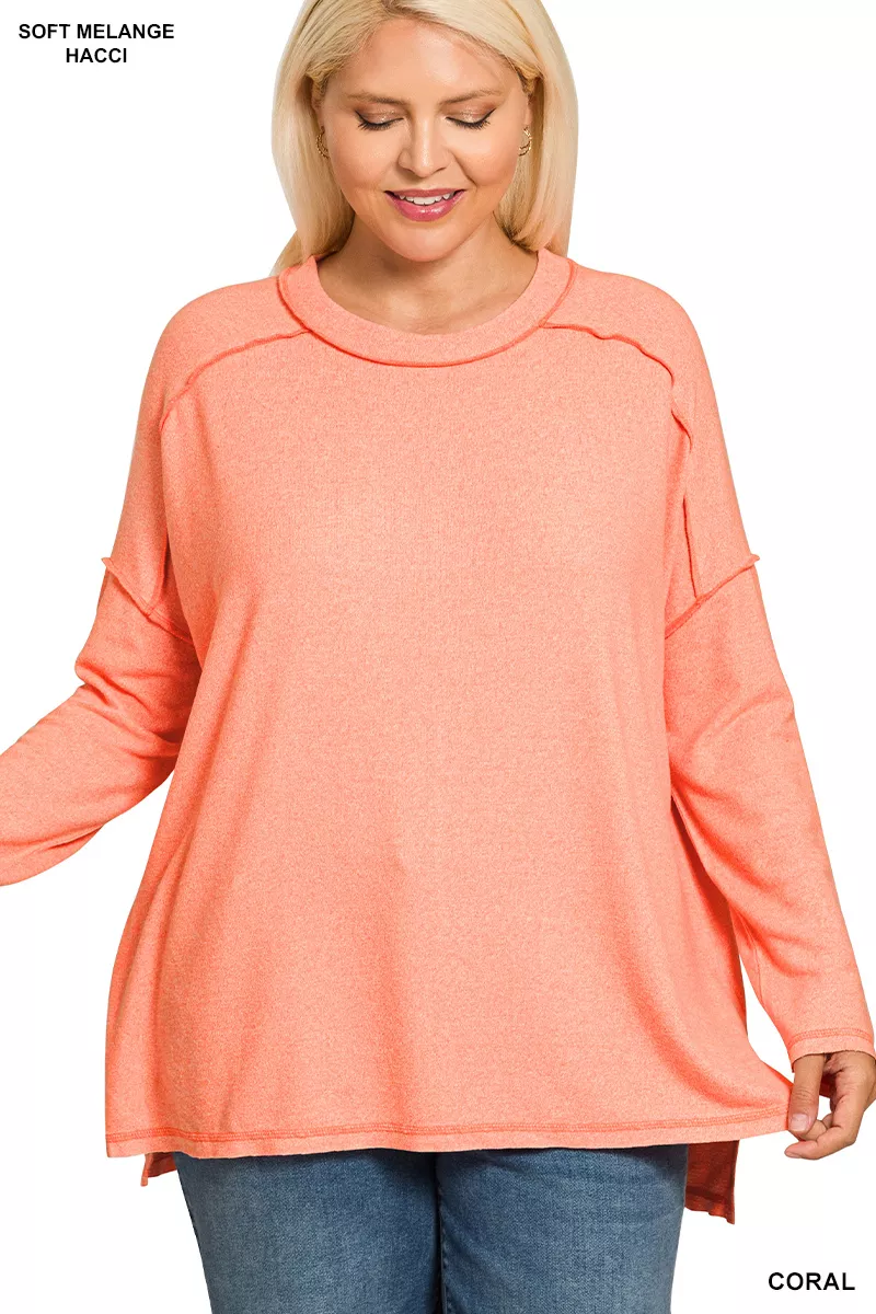 Full Size Melange Hacci Exposed Seam Hi-low Tee Plus Size, image 3