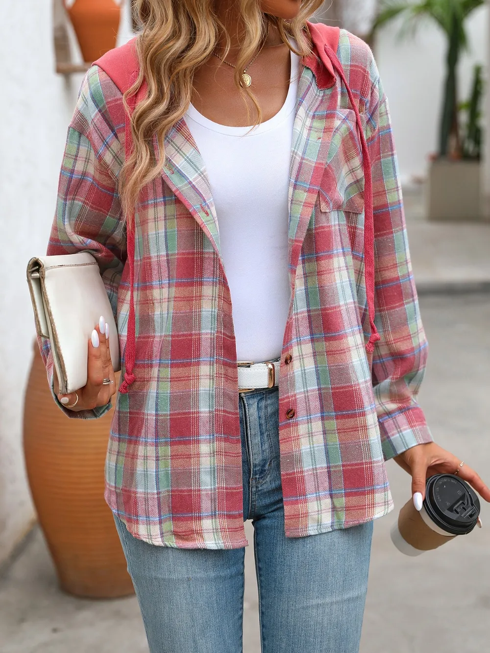 Plaid Long Sleeve Hooded Jacket, image 18