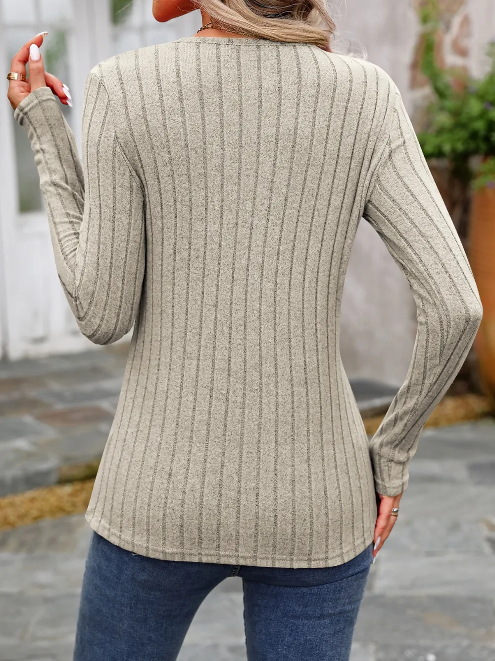 Decorative Button Round Neck Long Sleeve T-Shirt, image 36