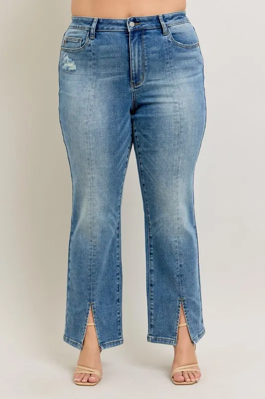 Full Size High Waist Vintage Wash Front Seam & Slit Straight Plus Size, image 5