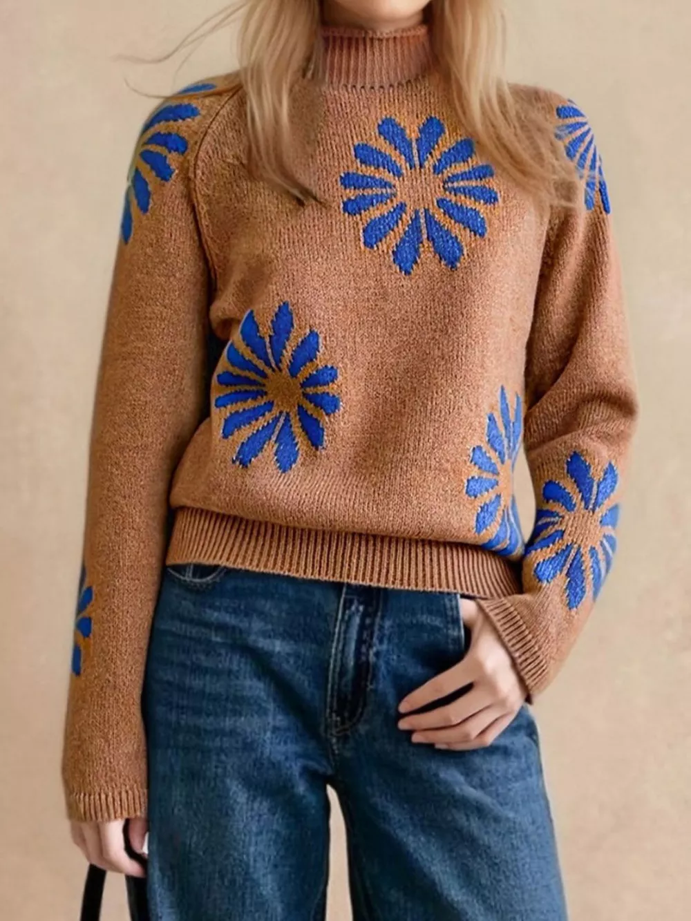 Flower Mock Neck Raglan Sleeve Sweater