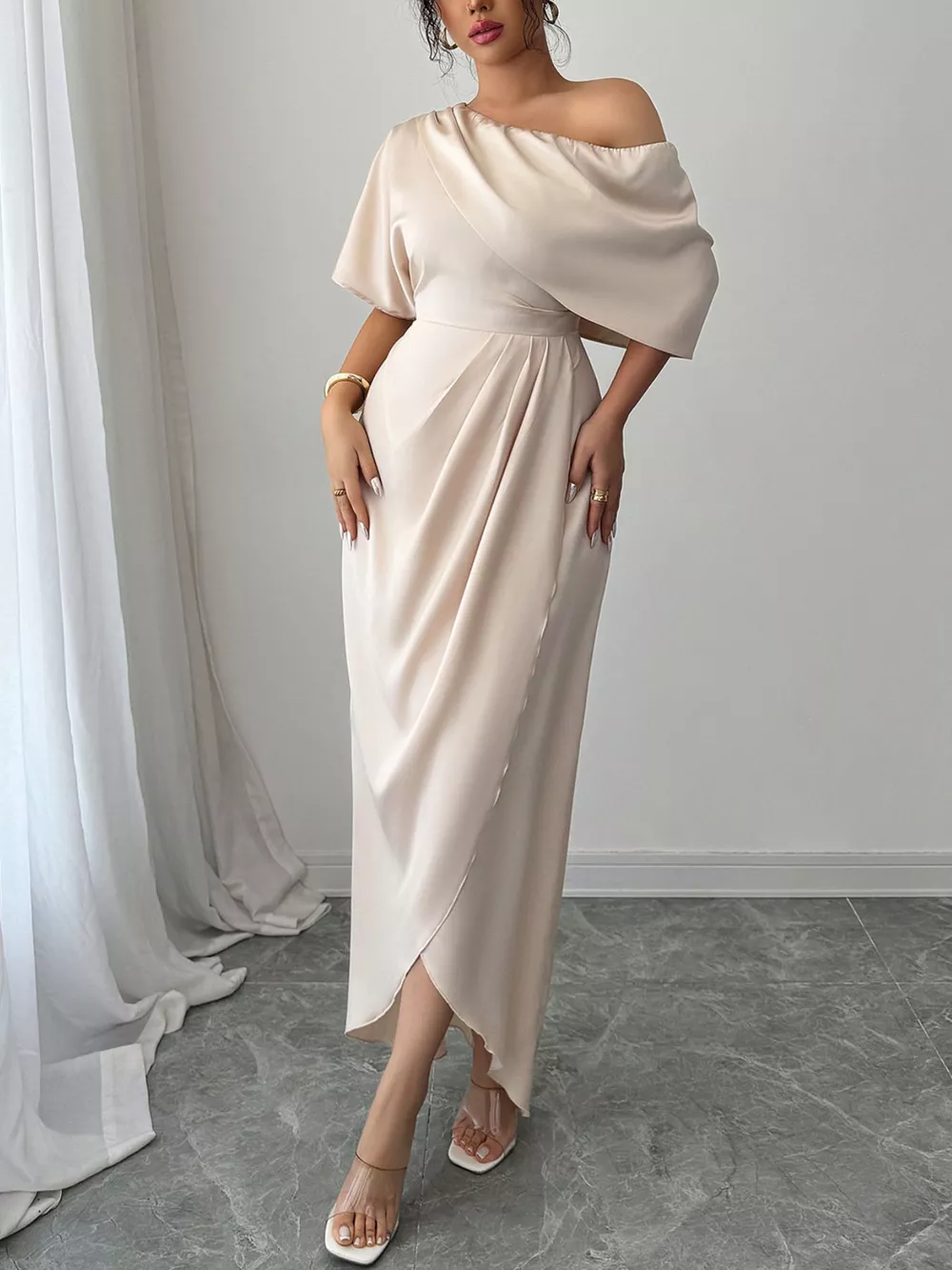 One-Shoulder Satin Maxi Dress, image 2