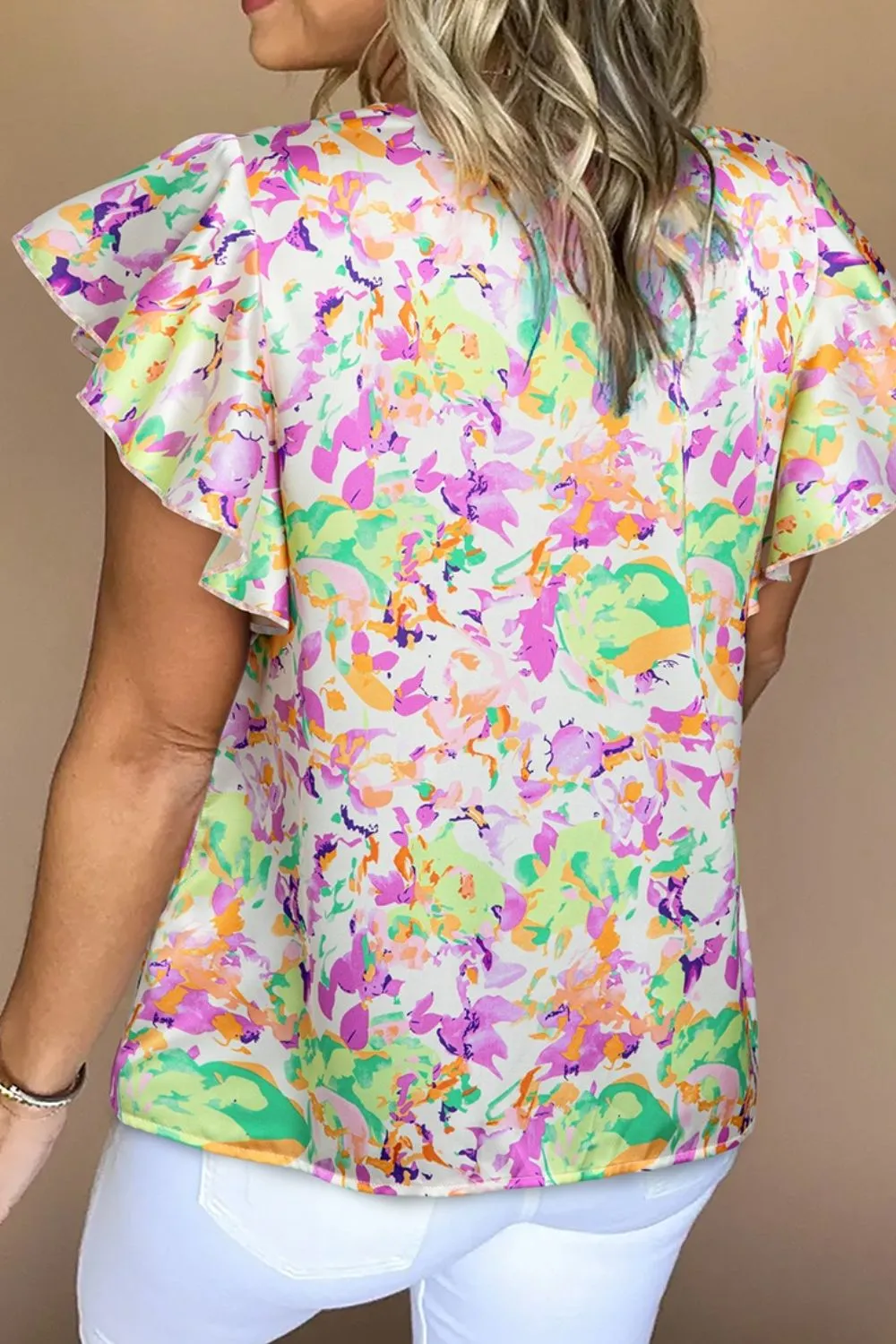 Abstract Printed Ruffled Short Sleeve Notched Neck Blouse, image 3