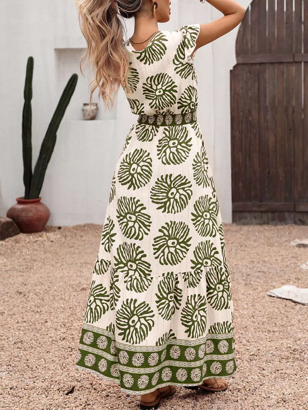 Printed V-Neck Cap Sleeve Maxi Dress, image 6