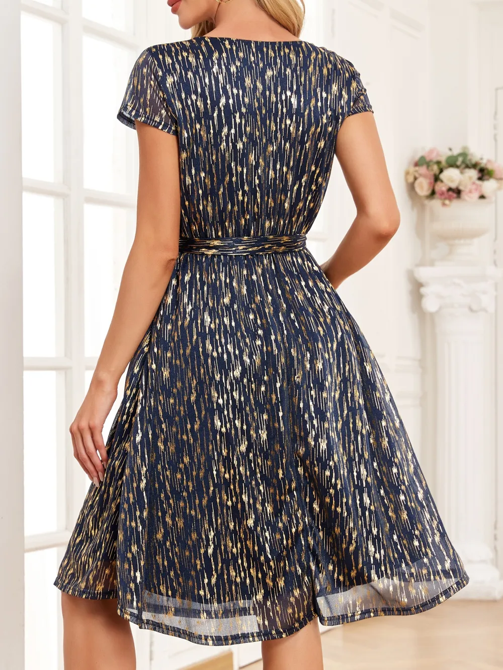 V-Neck Metallic Print Dress, image 12