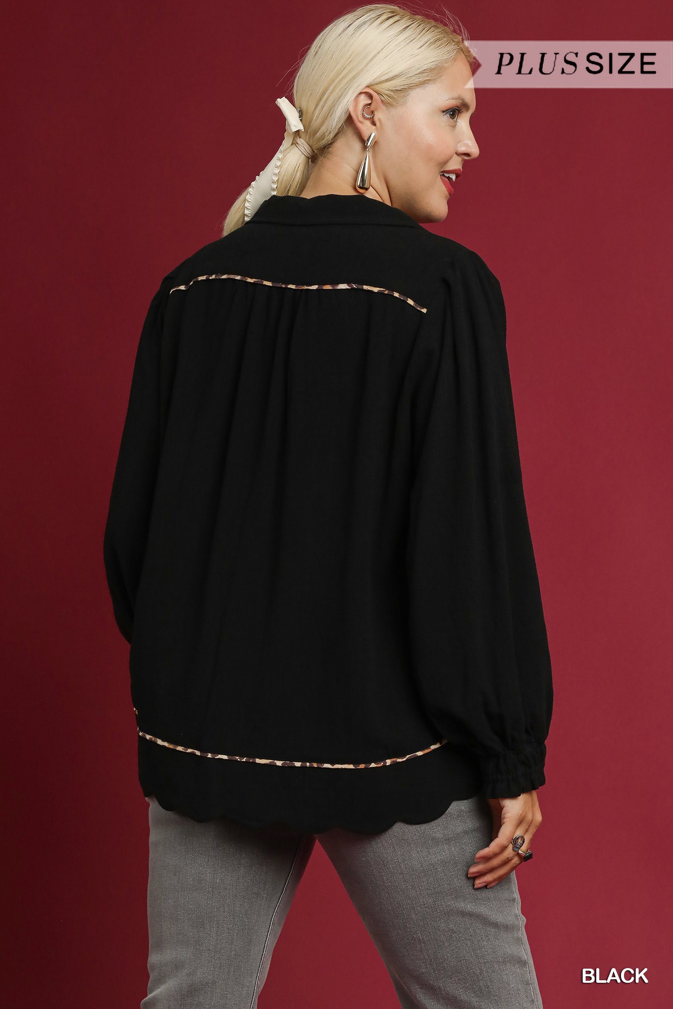 Full Size Linen Scallop Hem Blouse with Contrast Trim Plus Size, image 7