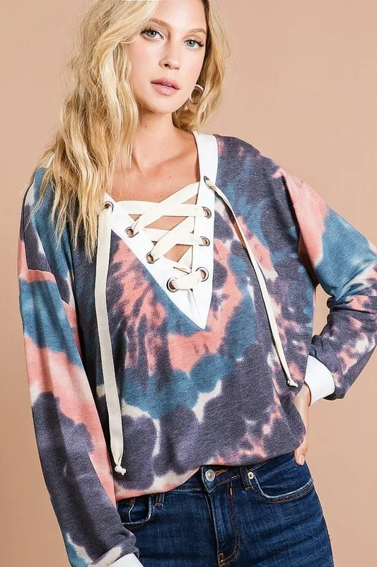 Tie Dye Deep V-Neck Top with Lace Up Front, image 4