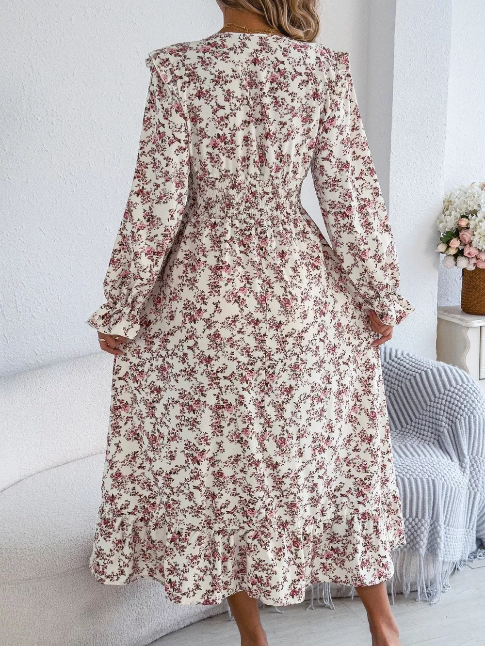 Ruffled Floral V-Neck Flounce Sleeve Dress, image 15