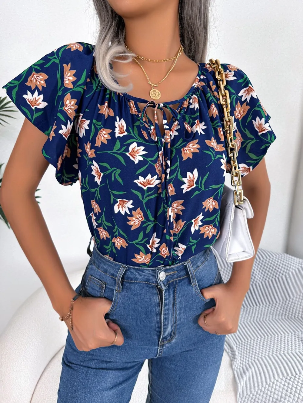 Floral Tie Neck Flutter Sleeve Blouse, image 8