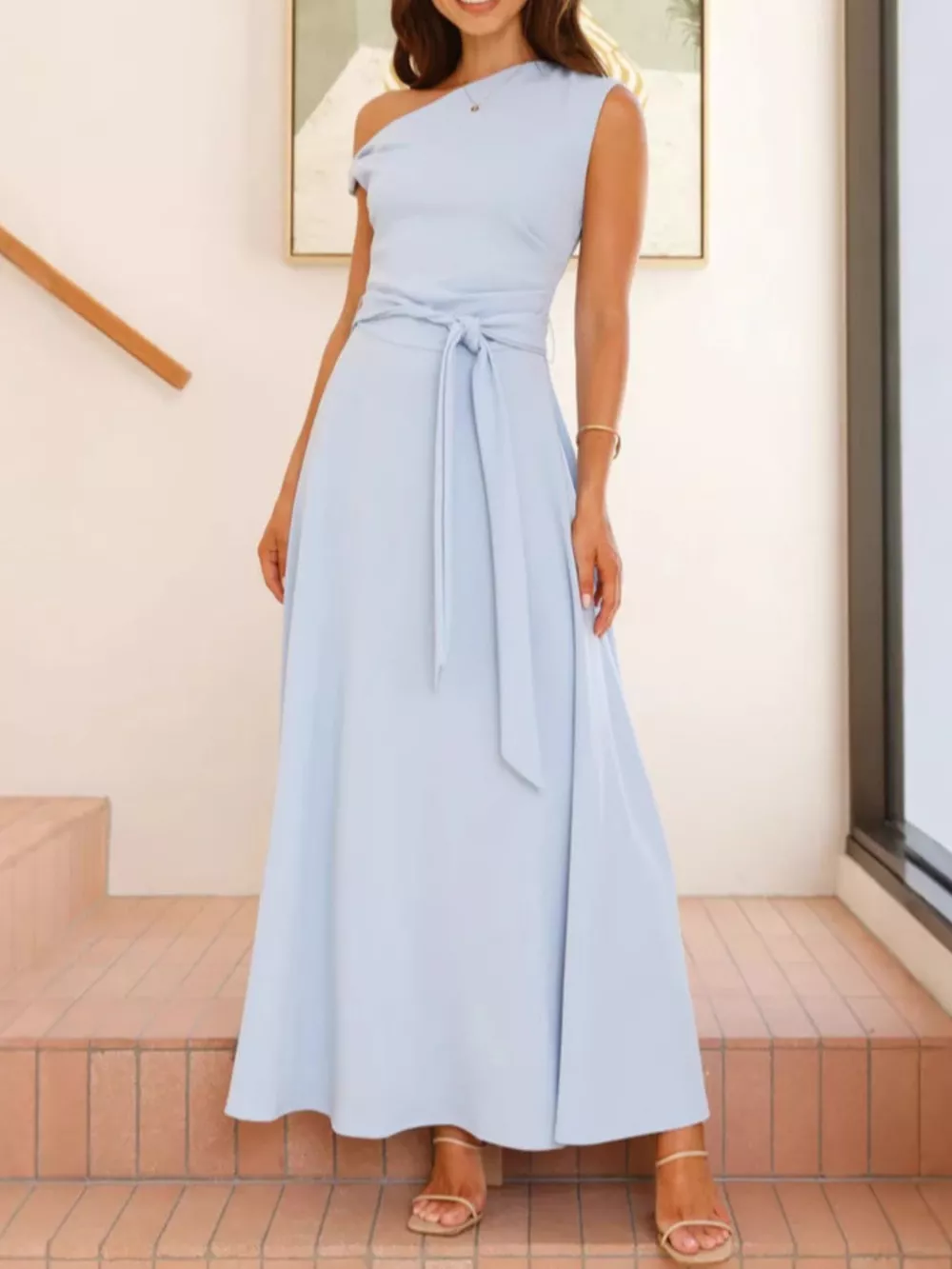 Single Shoulder Tie Waist Maxi Dress, image 13