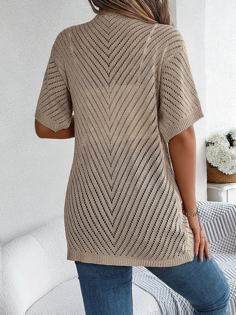 Openwork Open Front Half Sleeve Cardigan, image 5