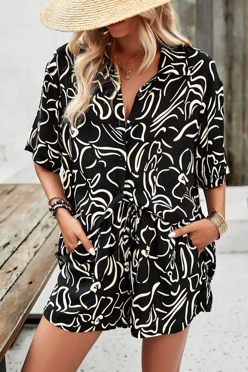 Printed Button Up Shirt and Shorts Set, image 23