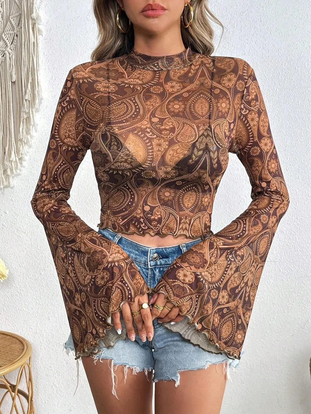 Printed Mock Neck Long Sleeve Cropped T-Shirt, image 7