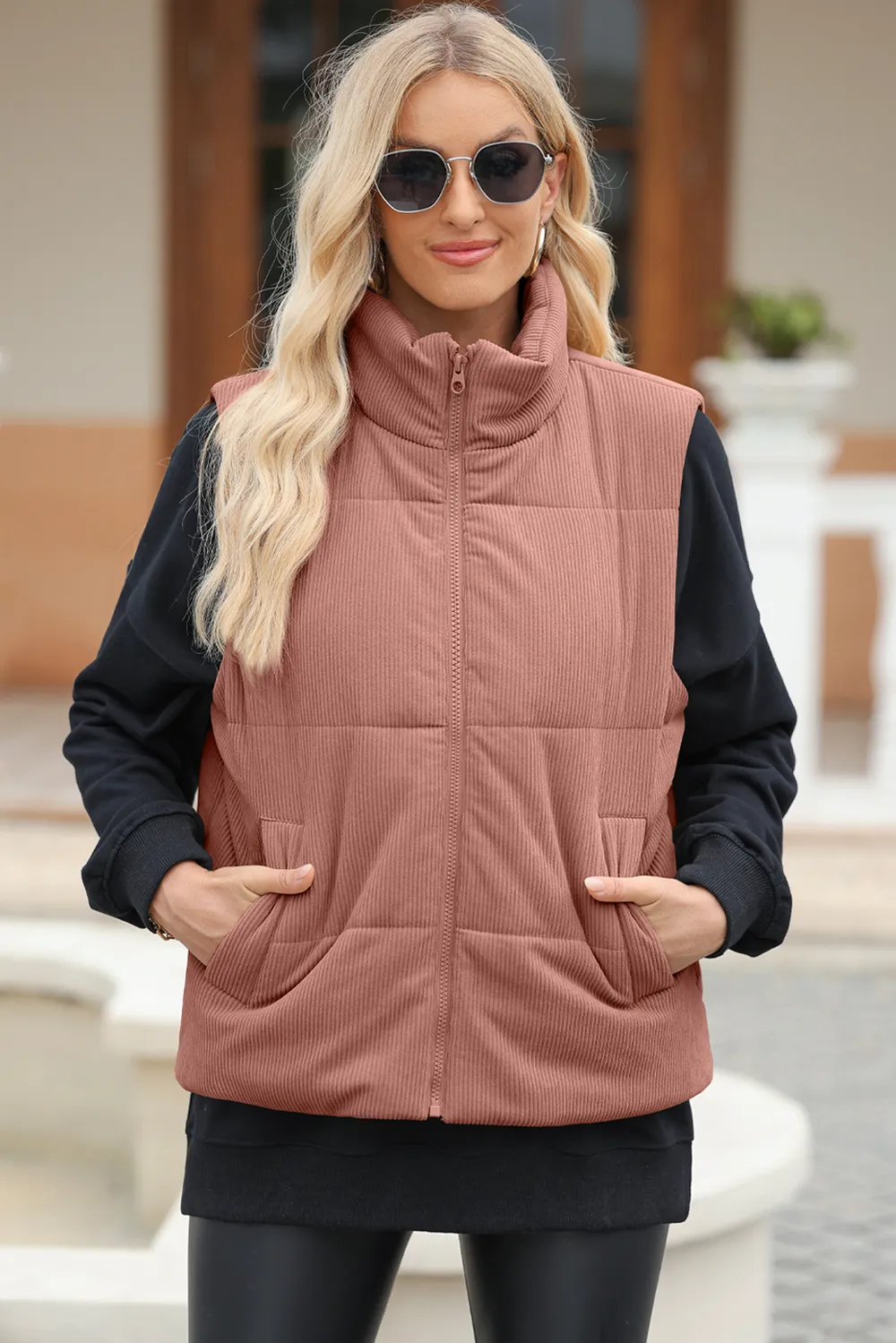 Pocketed Zip Up Turtleneck Vest Coat, image 14