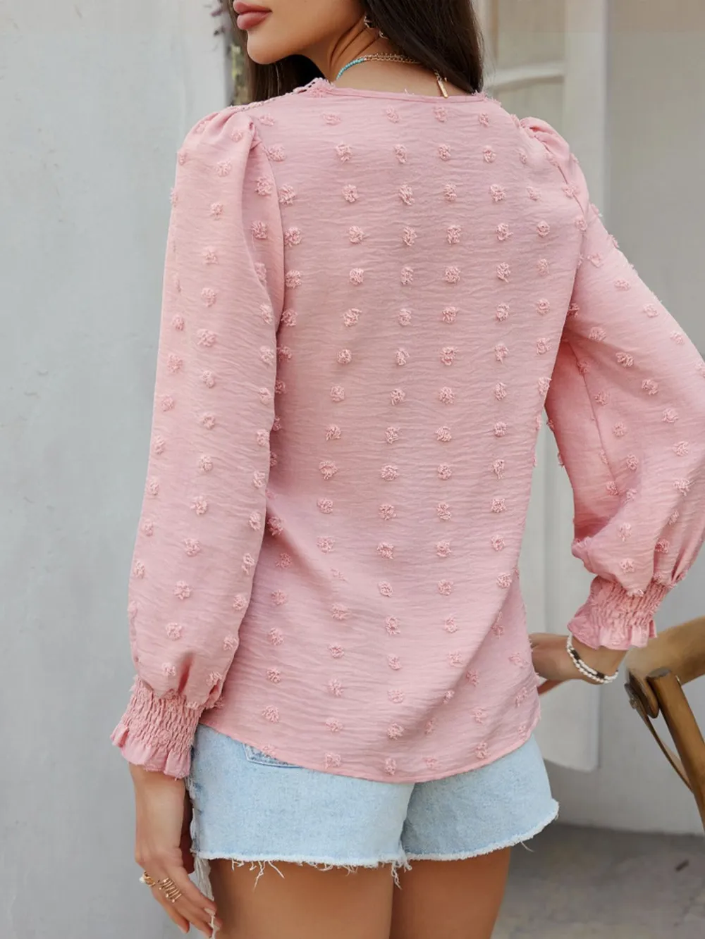 Swiss Dot Lace Detail V-Neck Long Sleeve Blouse, image 3