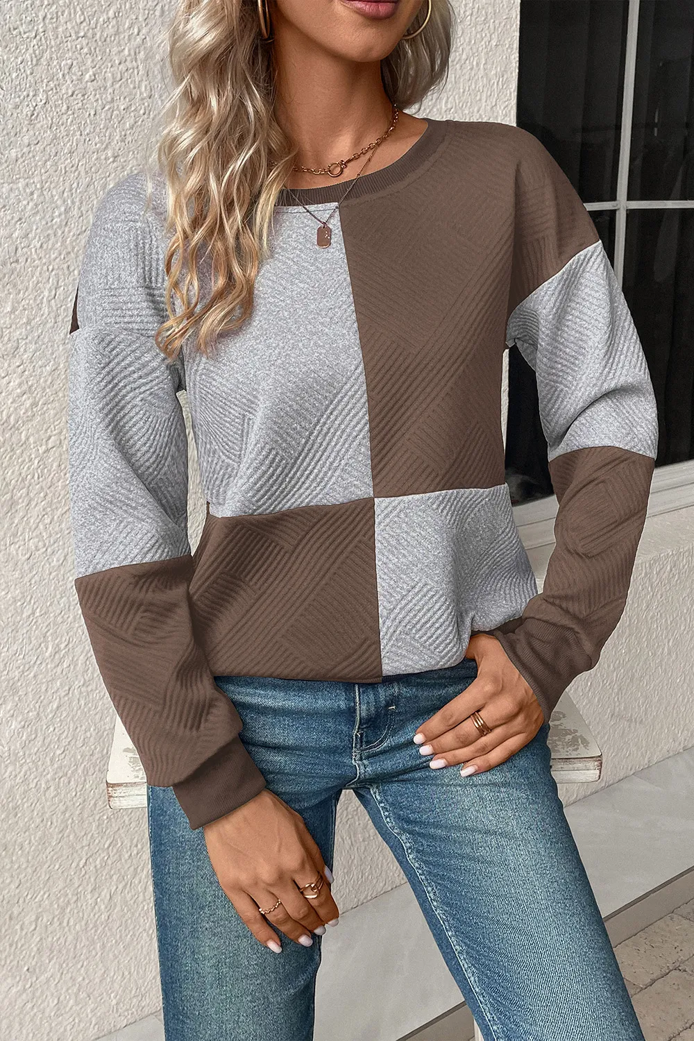 Textured Color Block Round Neck Sweatshirt, image 14