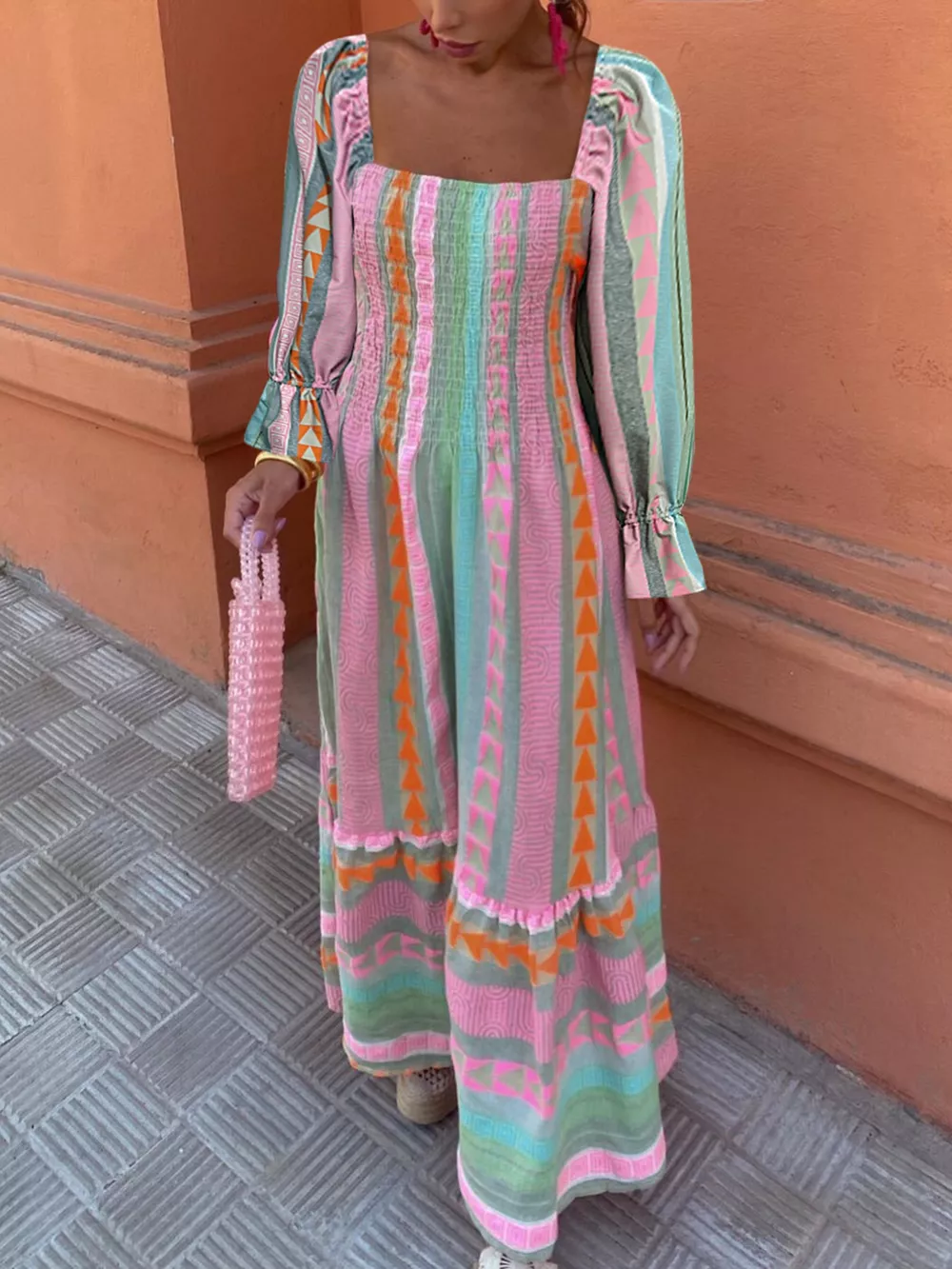 Smocked Square Neck Flounce Sleeve Maxi Dress