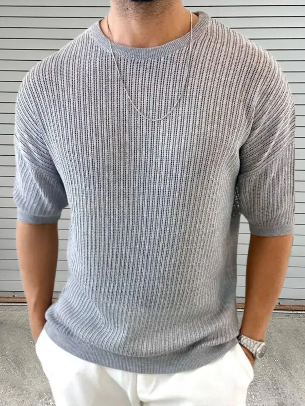 Men's Round Neck Drop Shouler Knit Top, image 5