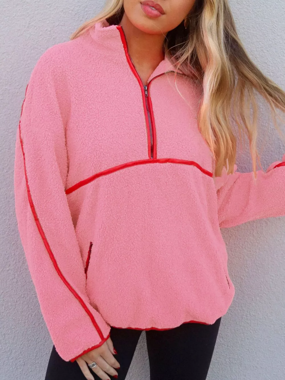 Sherpa Contrast Faux Leather Trim Half Zip Sweatshirt