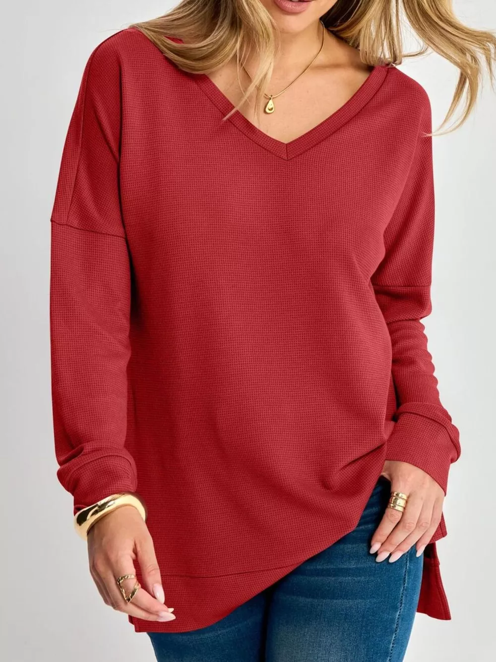 Side Slit Waffle Knit V-Neck T-Shirt, image 10